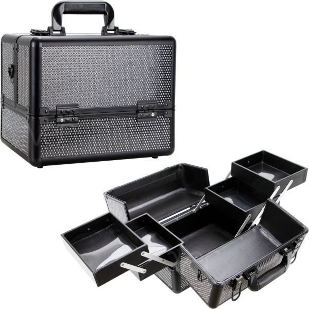 Black Krystal 2-Tier Accordion Trays Cosmetics Case Professional Travel Makeup O